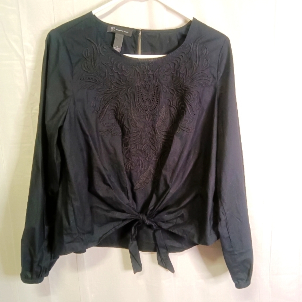 INC International Concepts Embroidered Black Cotton Top Size M